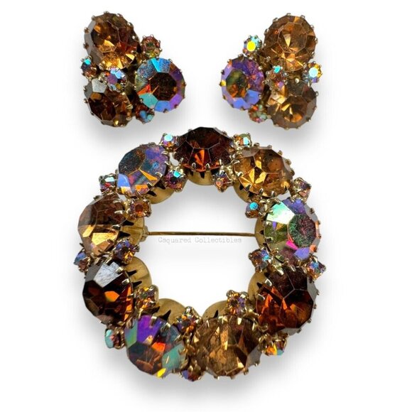 Weiss Jewelry - Weiss Brown Tan Topaz Aurora Borealis Crystal Brooch Clip On Earring Set Vintage